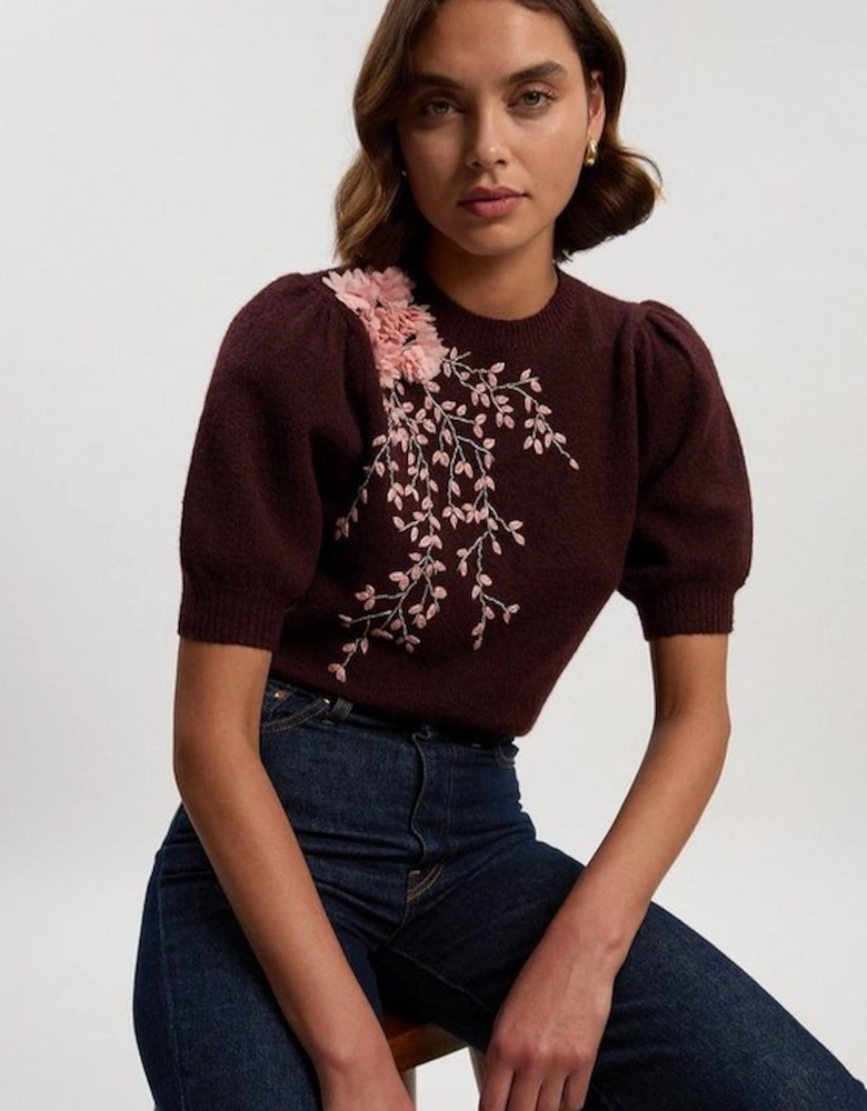 Flower And Beaded Puff Sleeve Knit Tee