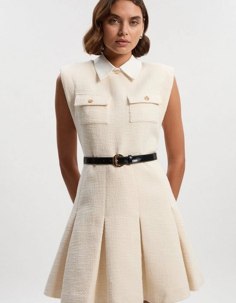 Textured Tweed Contrast Collar Pleated Tailored Mini Dress