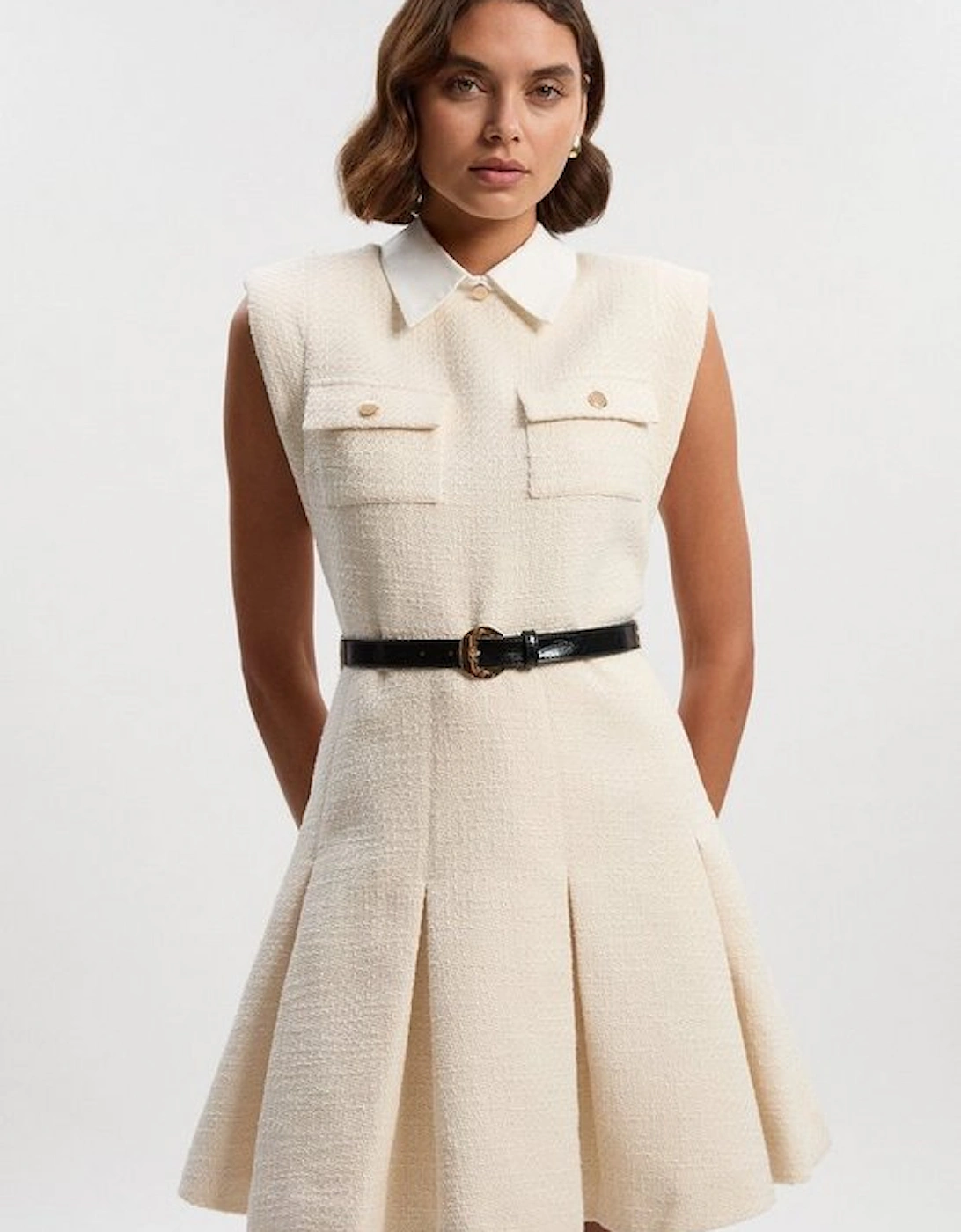 Textured Tweed Contrast Collar Pleated Tailored Mini Dress, 4 of 3