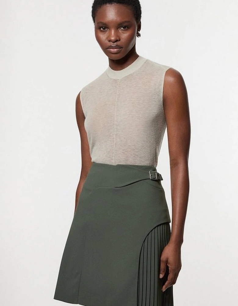 Tailored Buckle Detail Pleated Mini Skirt