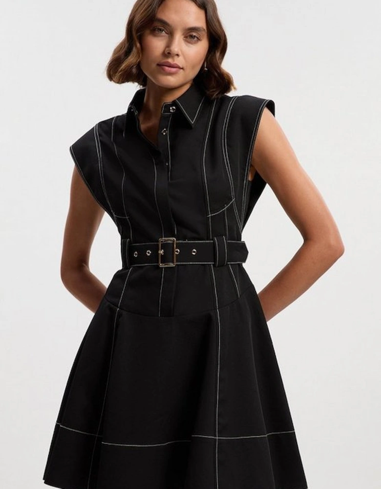 Petite Twill Contrast Hardware High Neck Woven Midi Dress