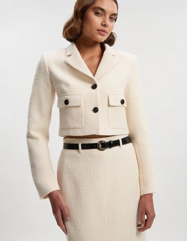 Textured Tweed Pocket Front Tailored Cropped Jacket