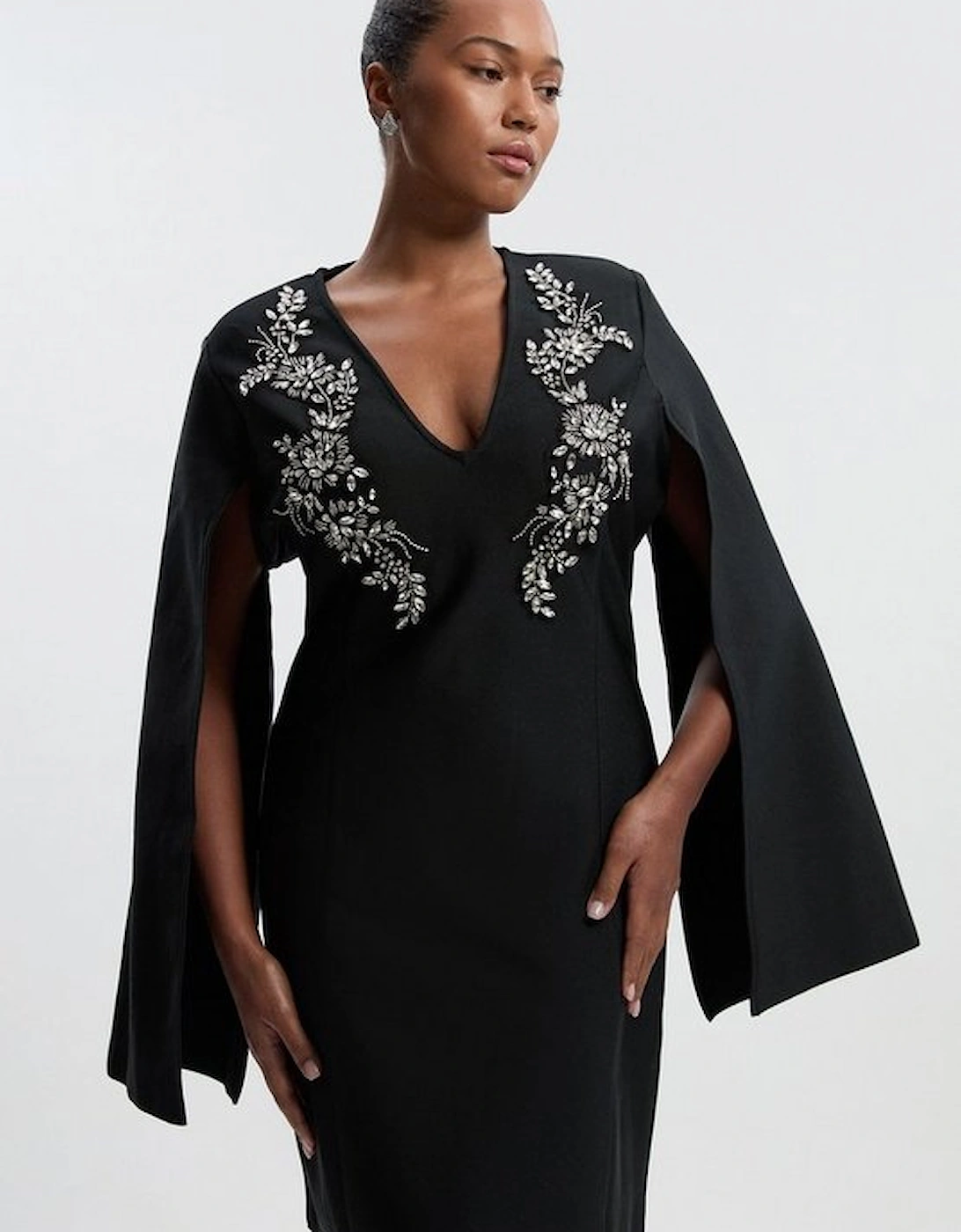 Plus Size Bandage Form Fitting Cape Sleeve Embellished Mini Dress, 4 of 3