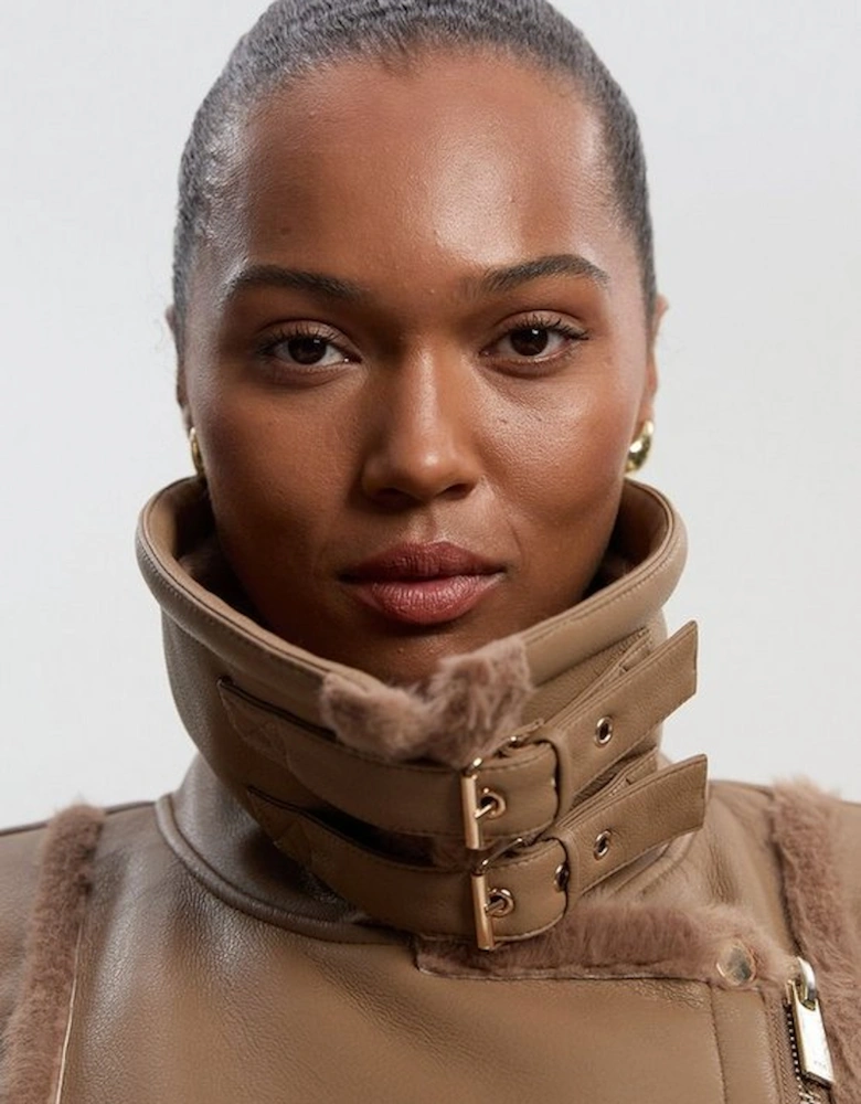 Plus Size Faux Fur Buckle Detail Belted Biker Midi Coat