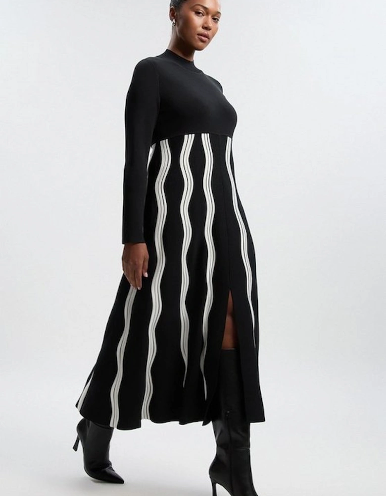 Plus Size Contrast Wave Knit A-Line Knitted Long Sleeve Dress