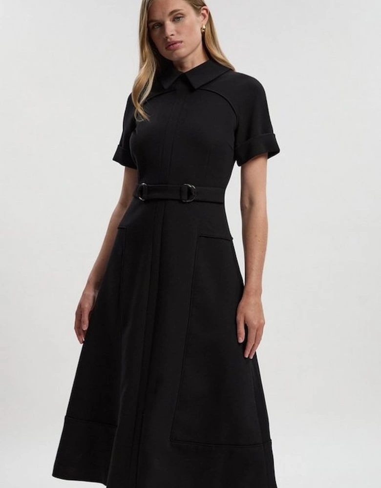 Compact Stretch Tab Detail Full Skirted Midi Dress