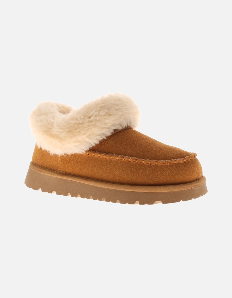 Womens Slipper Cuddle Bootee Faux Fur Lining Leather Suede Tan UK Size