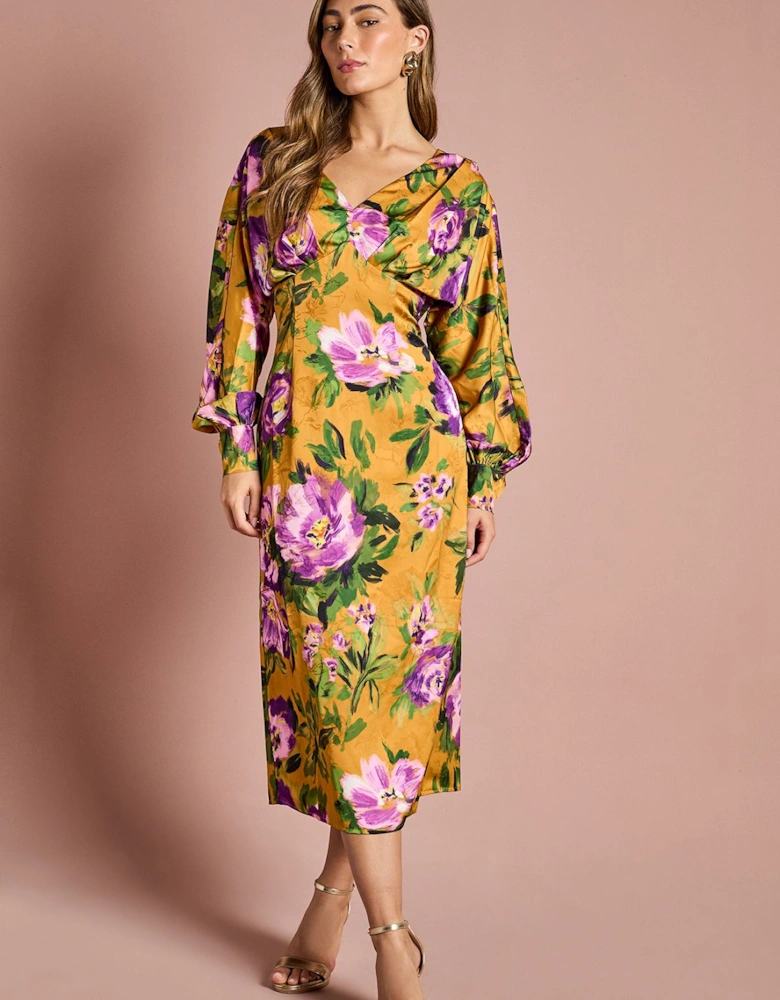 Printed Long Sleeve Satin Maxi Dress With Cowl Back