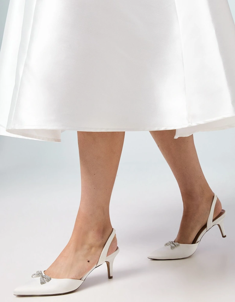 Bridal Wide Fit Sammi Satin Diamante Bow Brooch Slingback Kitten Heel Court Shoes