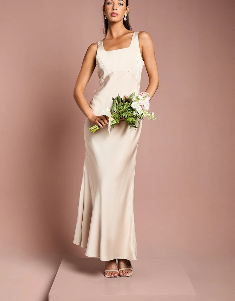 Square Neck Satin and Crepe Bridesmaids Dress with Bow Back