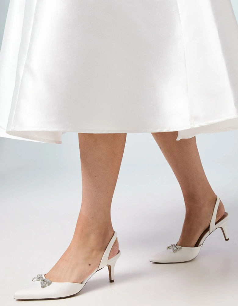 Bridal Sammi Satin Diamante Bow Brooch Slingback Kitten Heel Court Shoes