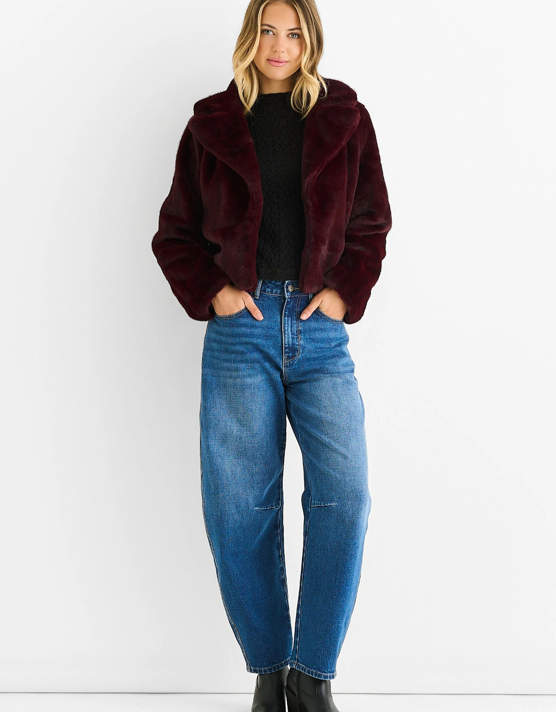 Plum Crushed Look Faux Fur Cropped Jacket, 5 of 4