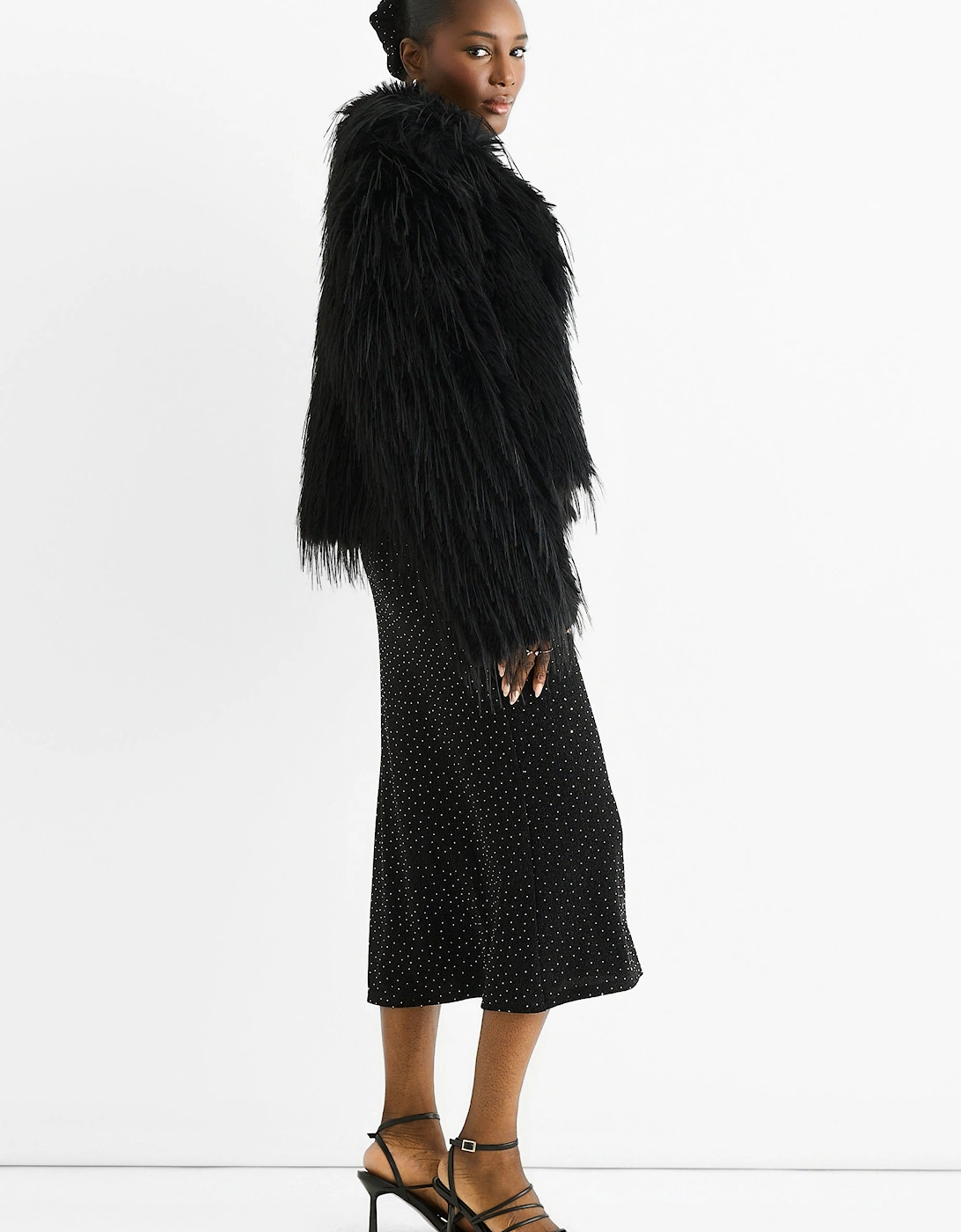 Black Plain Fringe Faux Fur Short Jacket