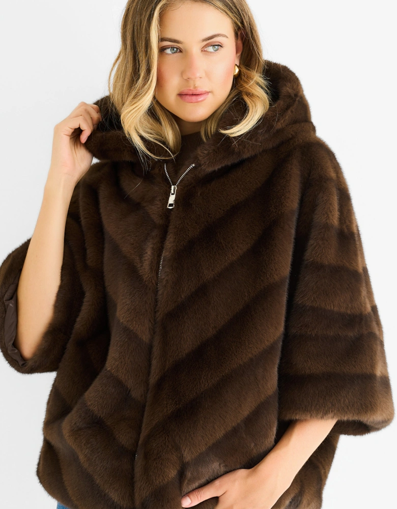 Coffee Hooded Chevron Faux Fur Cape Jacket