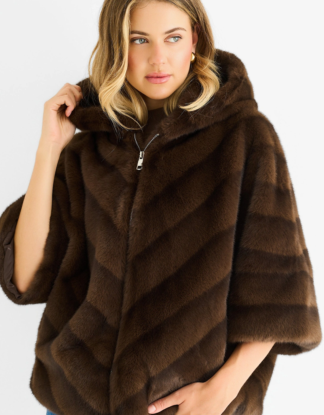 Coffee Hooded Chevron Faux Fur Cape Jacket