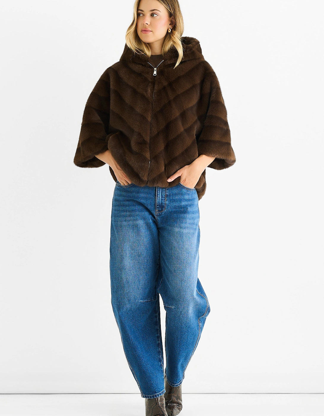 Gini London Women's Brown Coffee Hooded Chevron Faux Fur Cape Jacket - : 10/12 Size 14