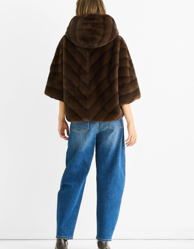 Coffee Hooded Chevron Faux Fur Cape Jacket