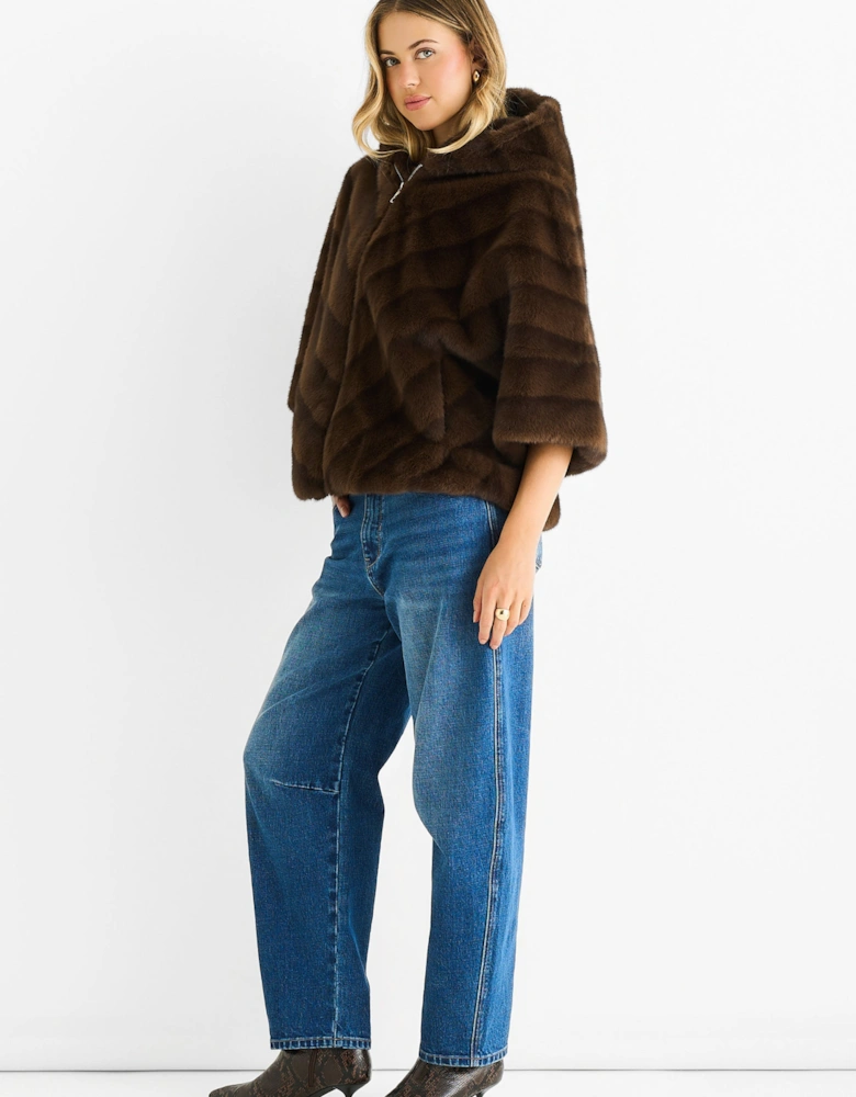 Coffee Hooded Chevron Faux Fur Cape Jacket