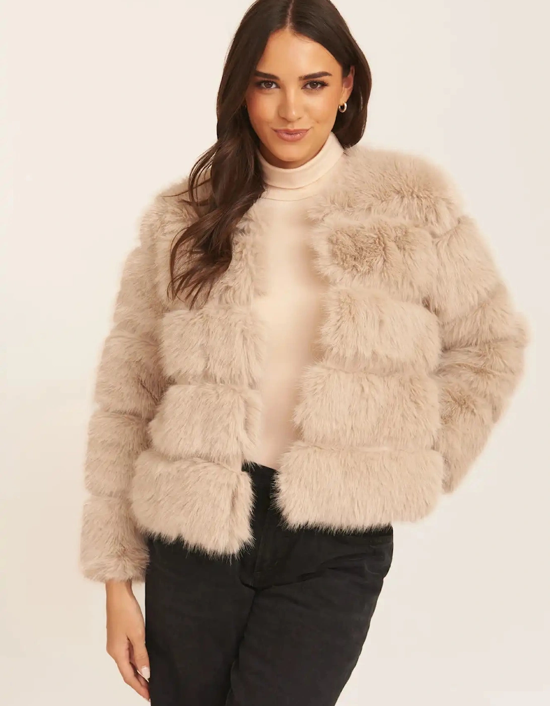 Gini London Women's Tan Stone Soft Touch Faux Fur Jacket - : 12/14 Size 12