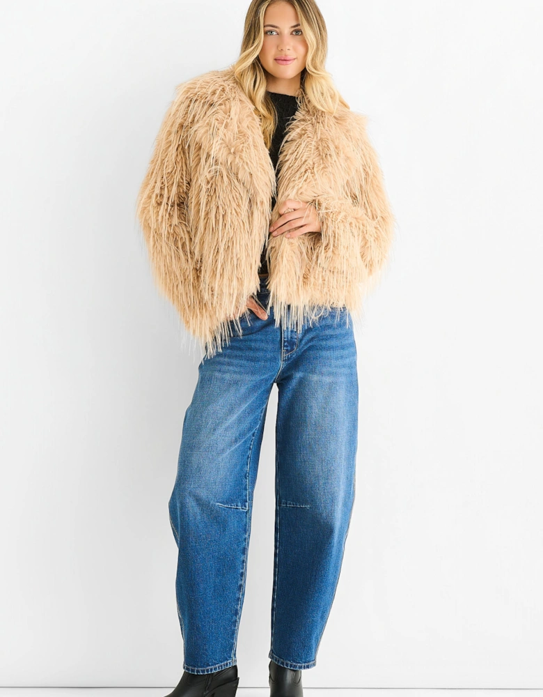 Light Camel Plain Fringe Faux Fur Short Jacket