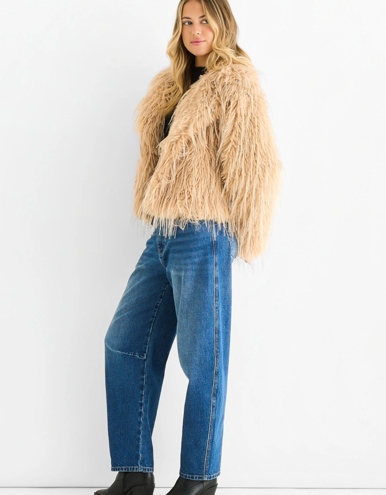 Light Camel Plain Fringe Faux Fur Short Jacket