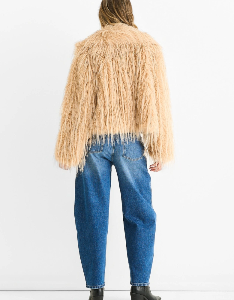 Light Camel Plain Fringe Faux Fur Short Jacket