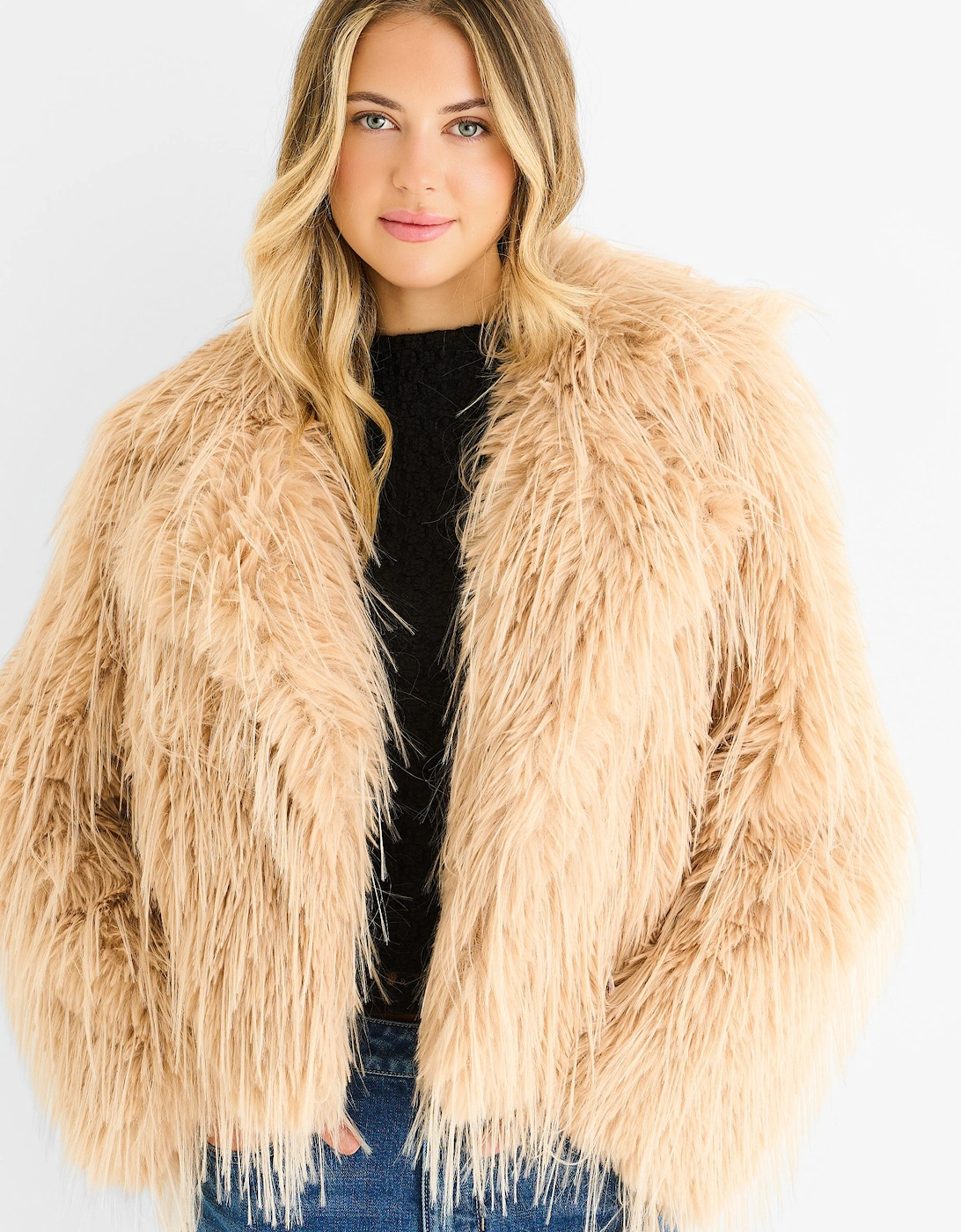 Light Camel Plain Fringe Faux Fur Short Jacket