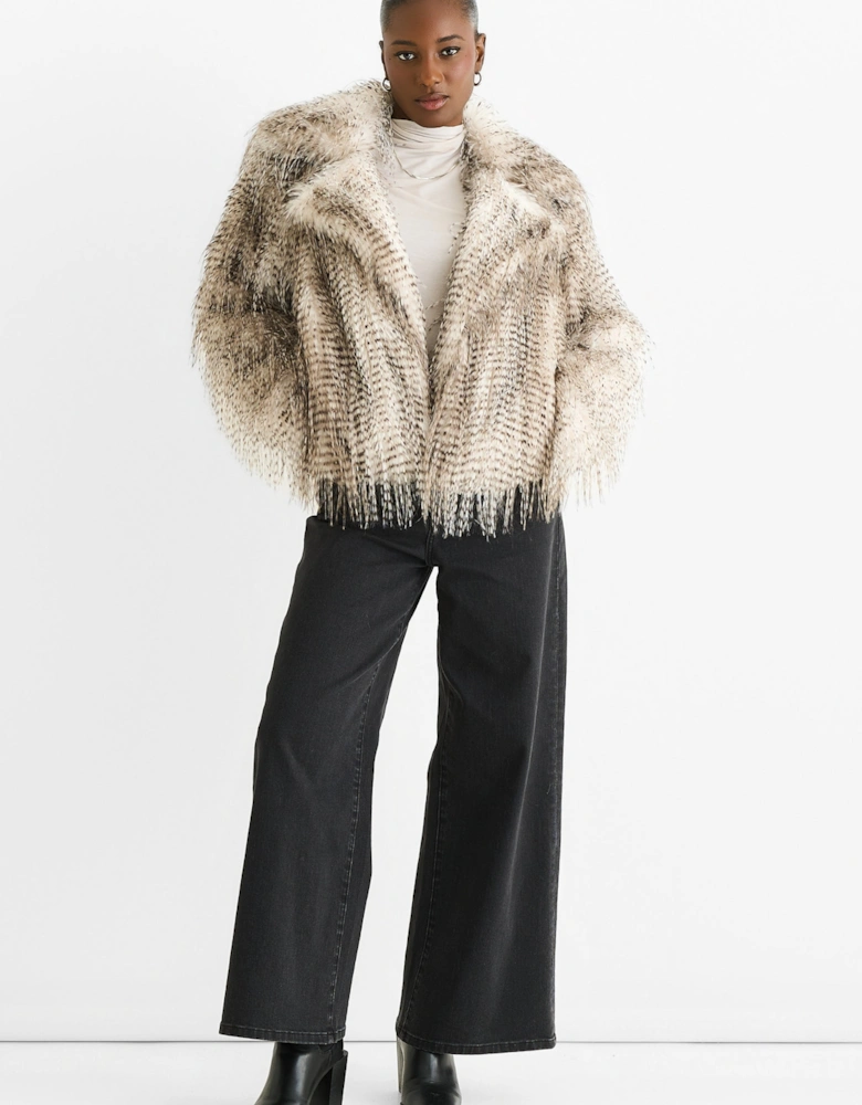Brown Snow Leopard Faux Fur Short Jacket