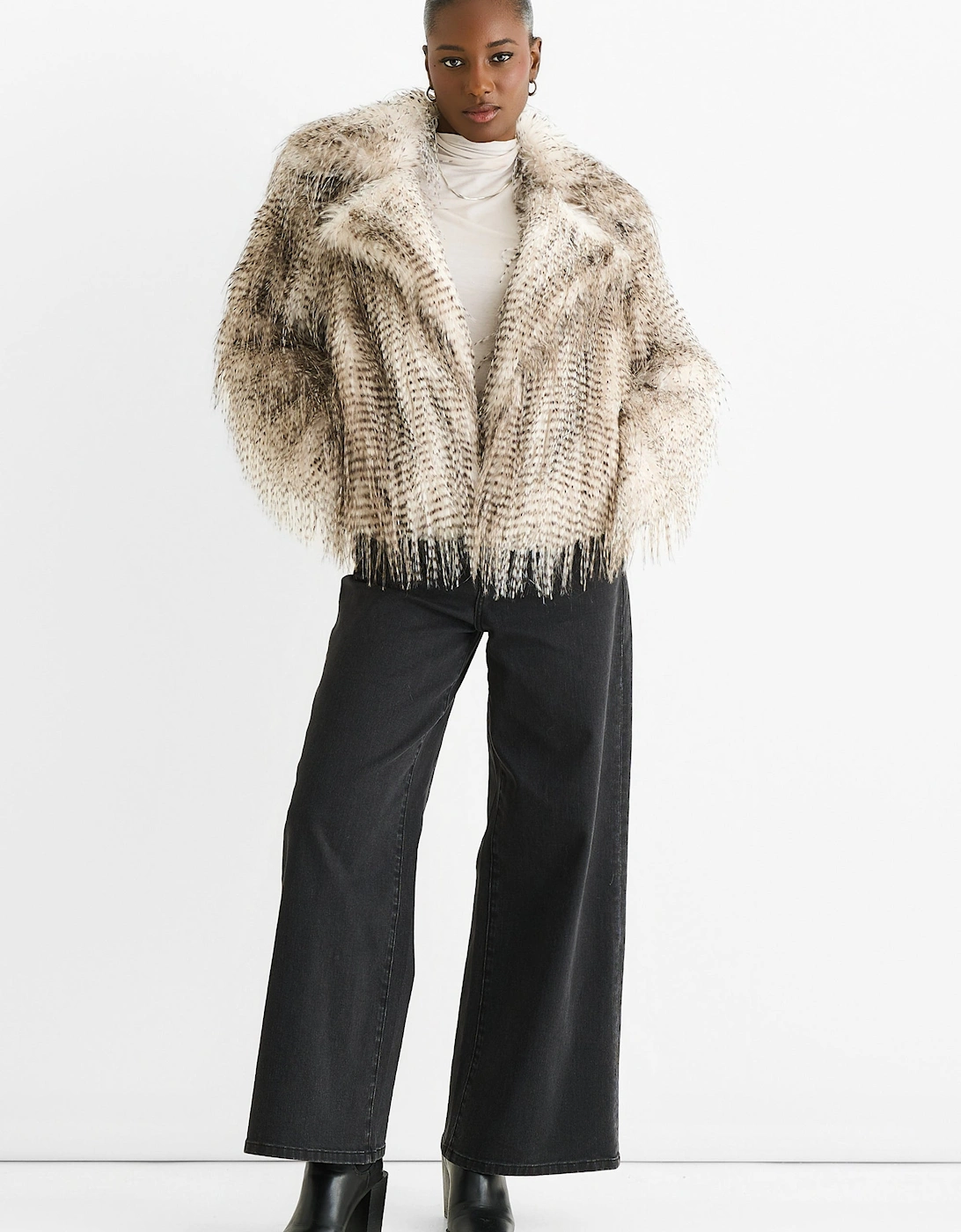 Gini London Women's Tan Brown Snow Leopard Faux Fur Short Jacket - : 12/14 Size 12