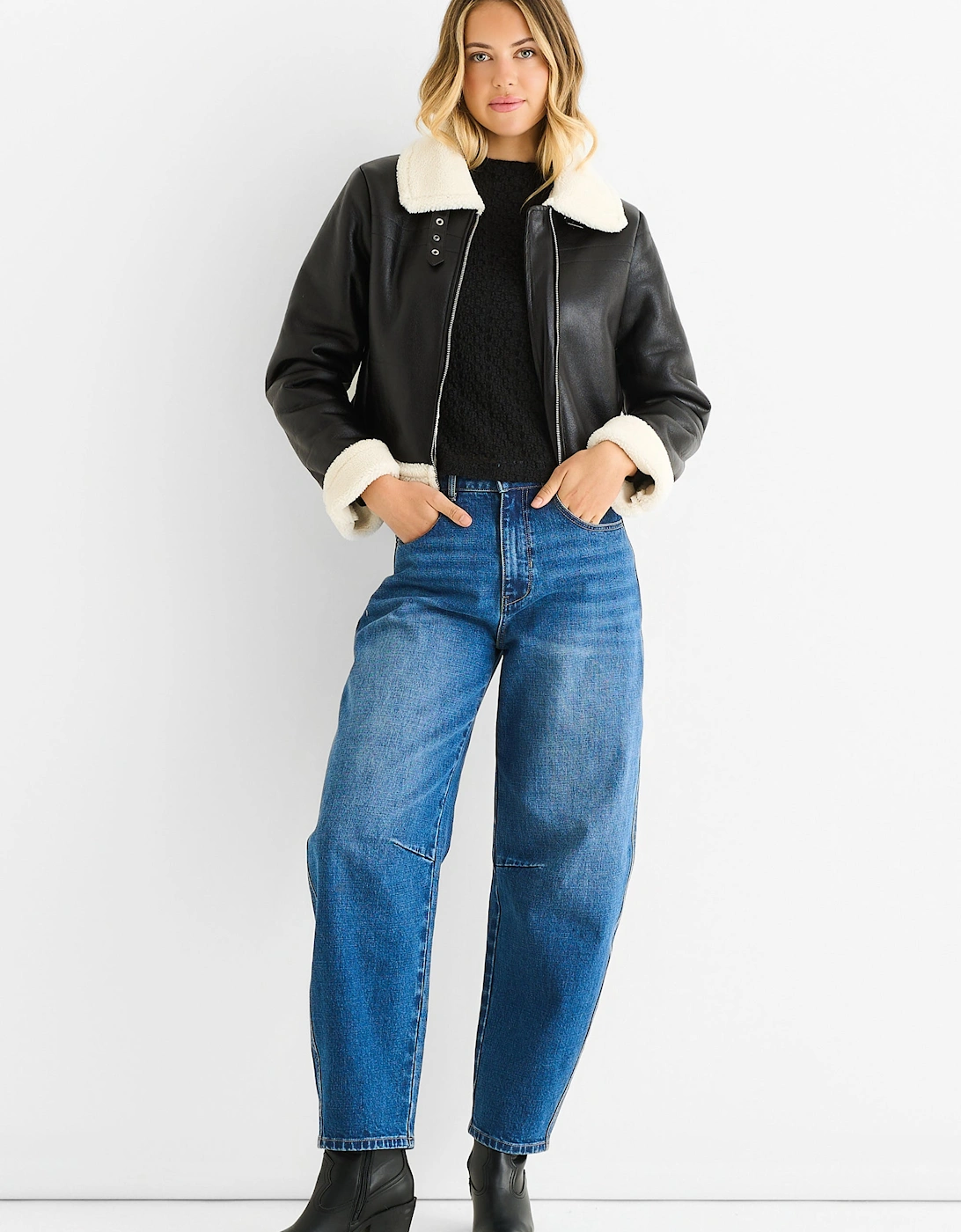 Gini London Women's Black Faux Leather Shearling Fur Aviator Jacket - Size: 10