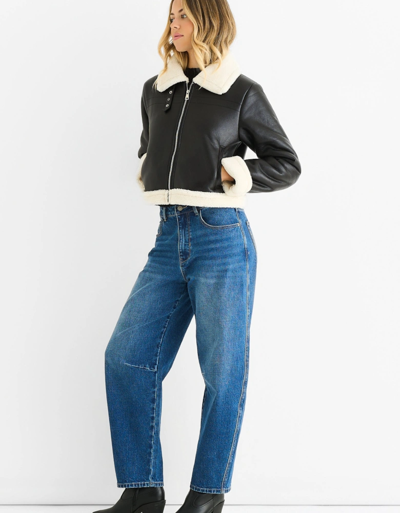 Black Faux Leather Shearling Fur Aviator Jacket