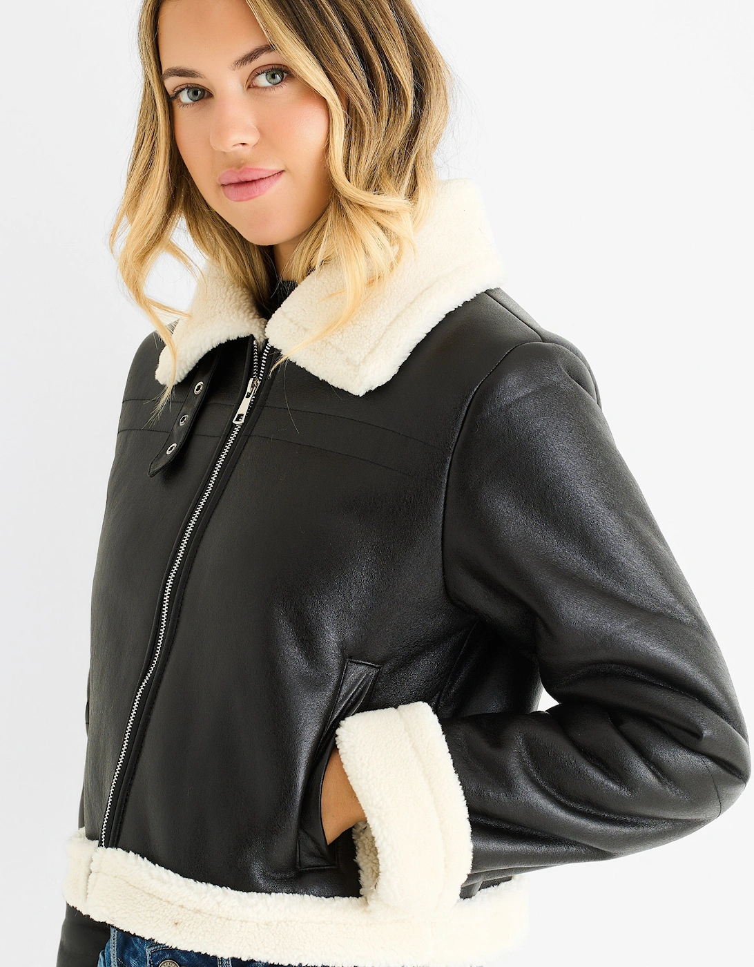 Black Faux Leather Shearling Fur Aviator Jacket