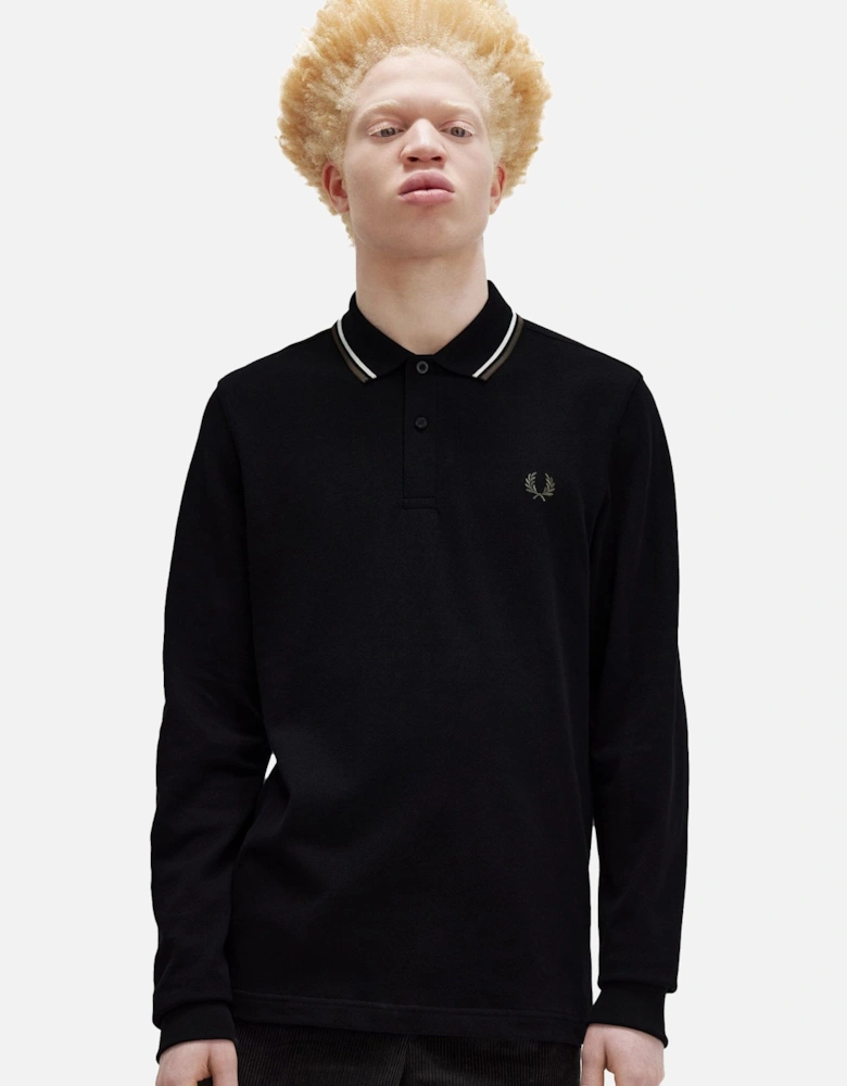 Long Sleeve Twin Tipped Polo Shirt Black/Ecru/Green