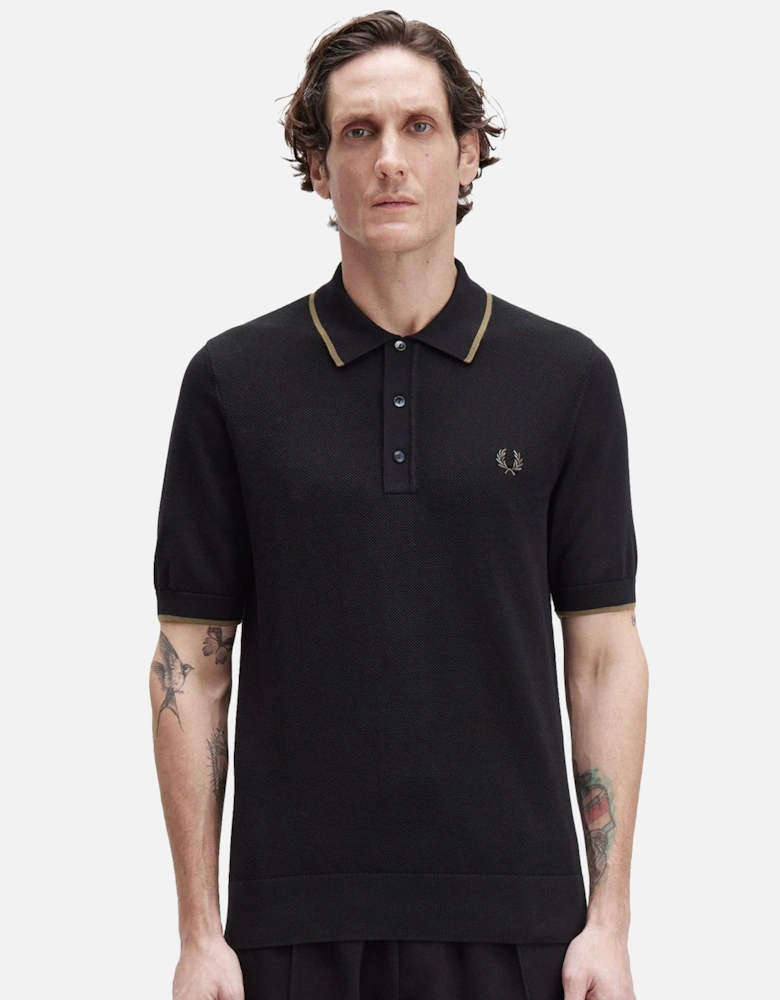 Pique Stitch Knitted Polo Shirt Black