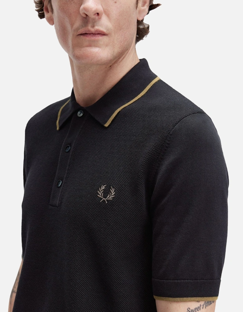 Pique Stitch Knitted Polo Shirt Black