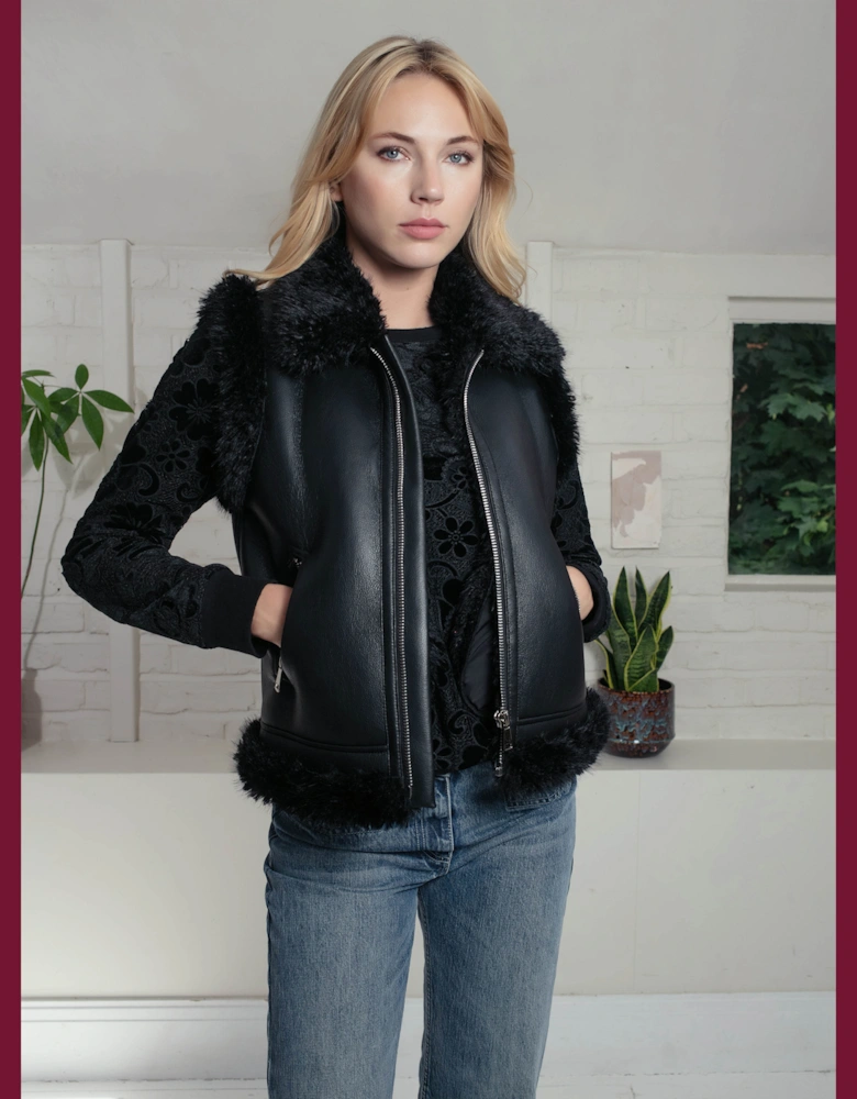 Devina Leather Look Biker Gilet - Black