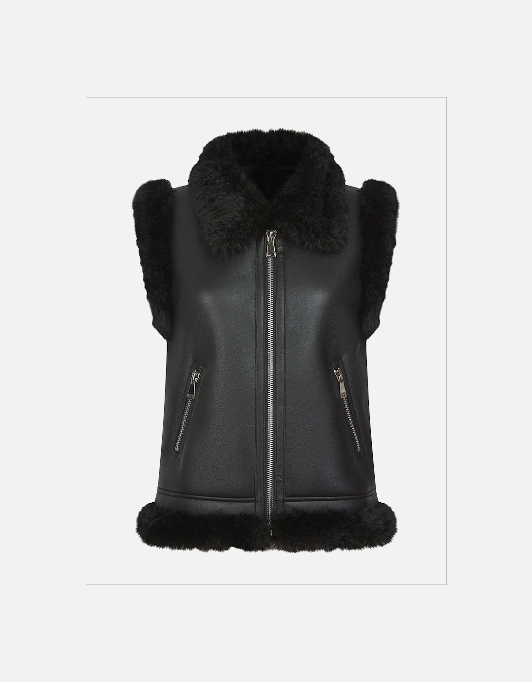 Devina Leather Look Biker Gilet - Black