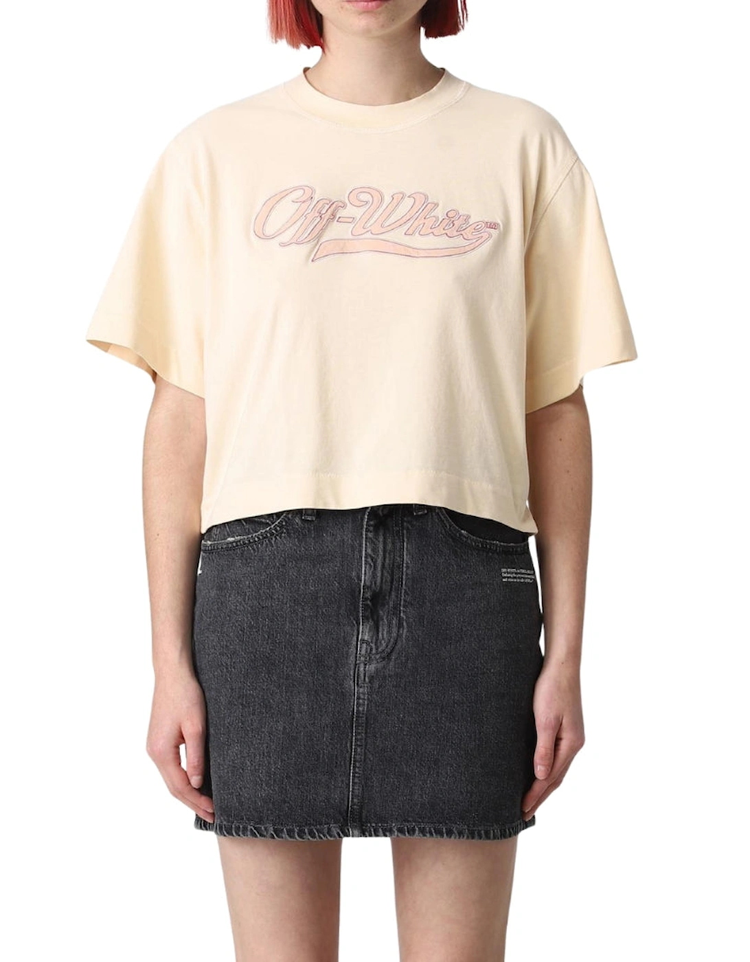 Embroidered Baseball Logo Crop Tee Beige