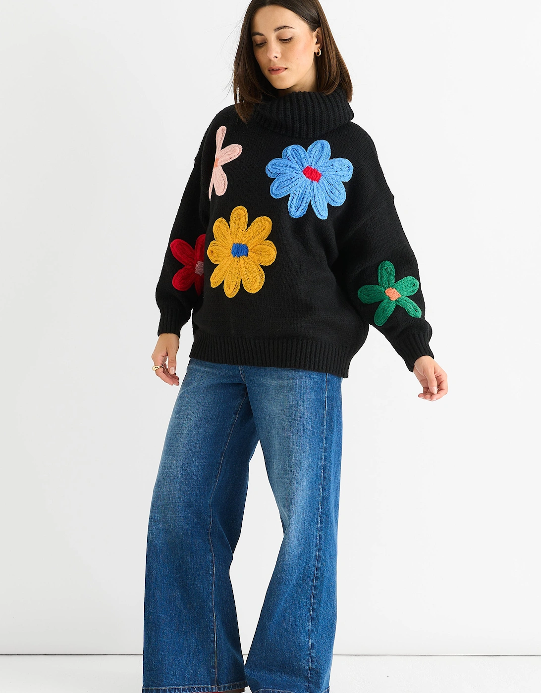 Black Floral Applique Oversized Jumper