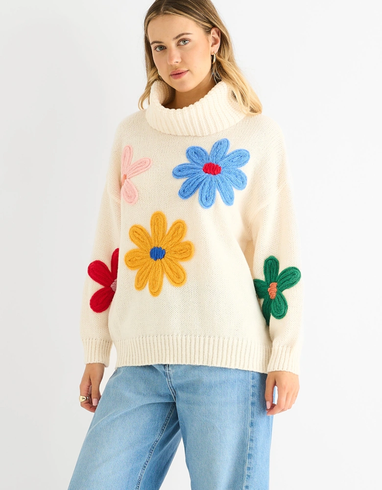 Cream Floral Applique Oversized Jumper