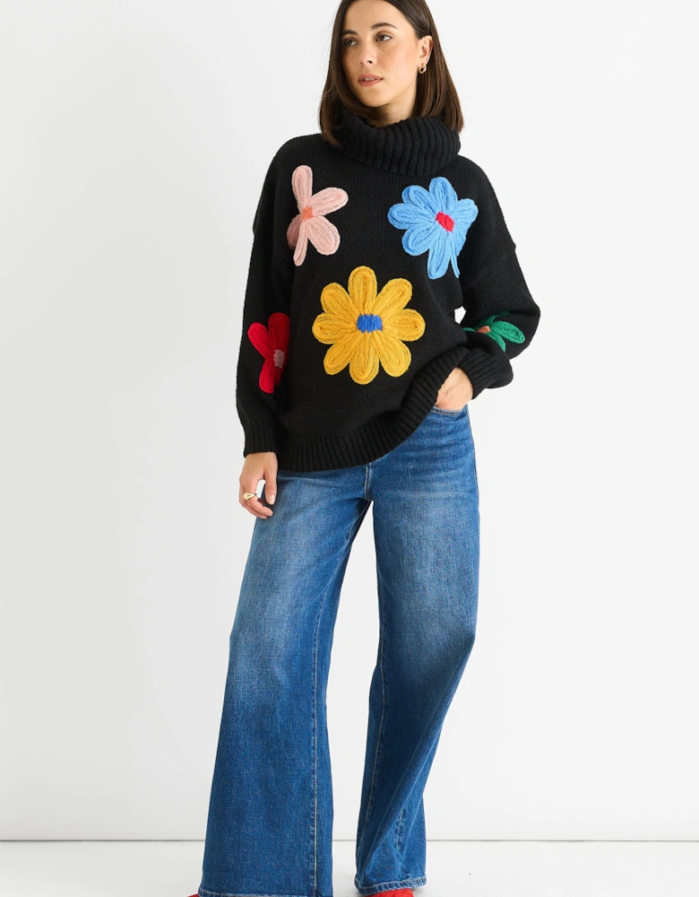 Black Floral Applique Oversized Jumper