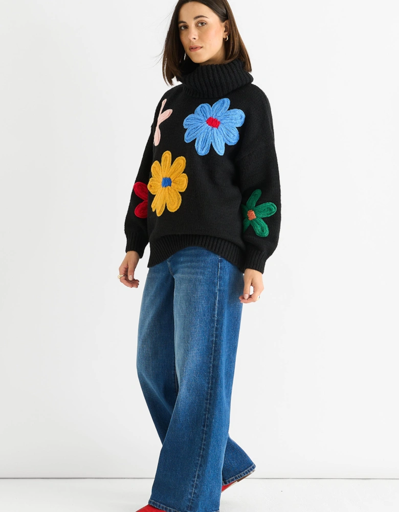 Black Floral Applique Oversized Jumper