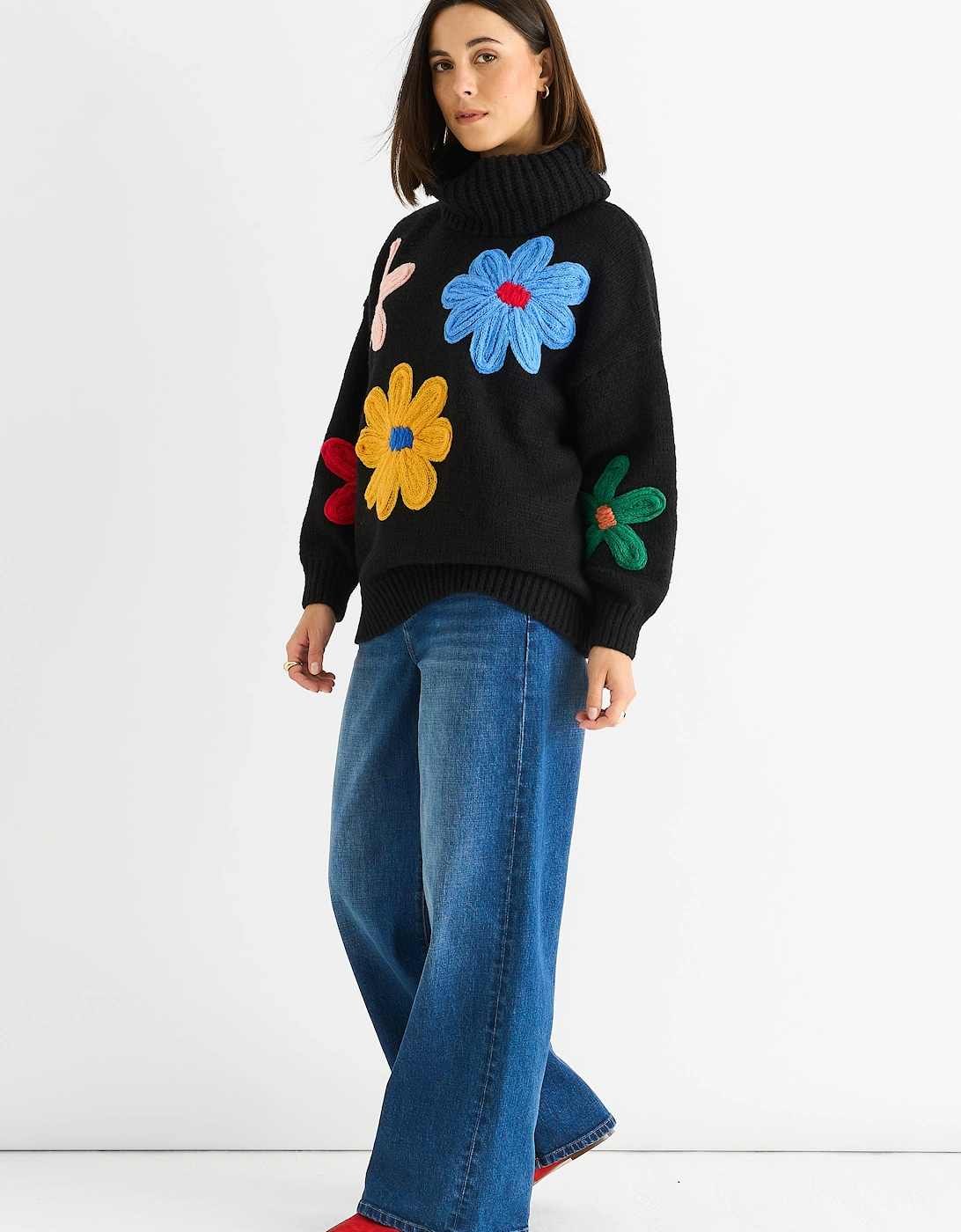 Black Floral Applique Oversized Jumper