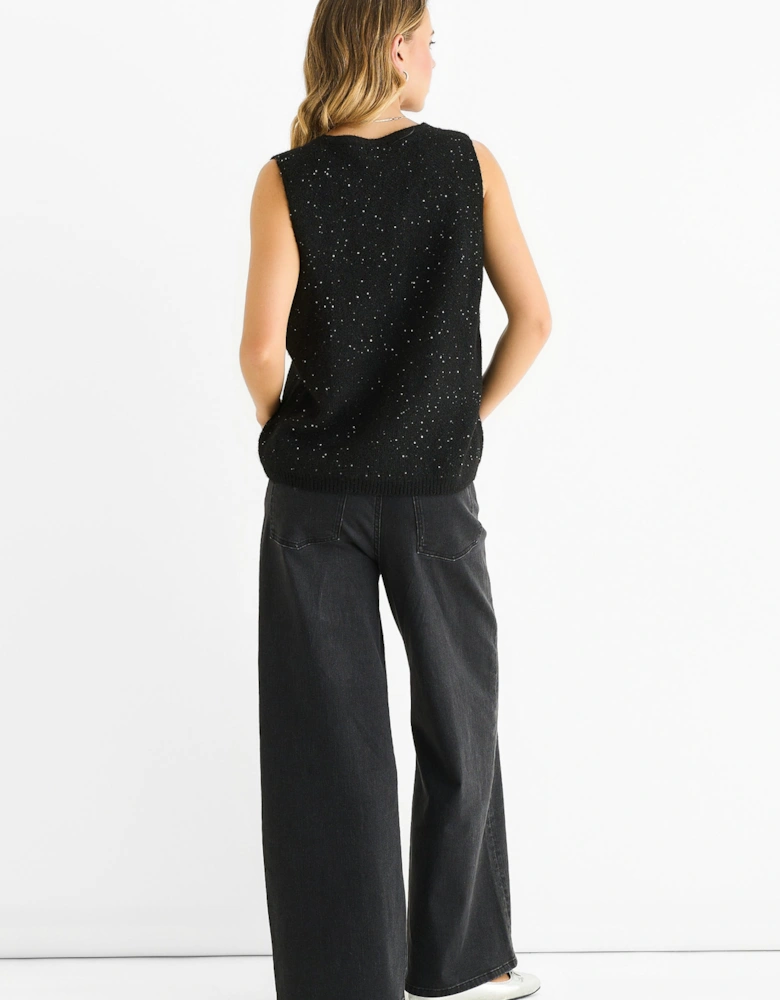 Black Sequin Sparkle V Neck Vest Knit Jumper