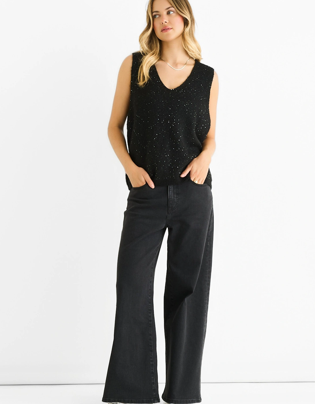 Gini London Women's Black Sequin Sparkle V Neck Vest Knit Jumper - Size 12/14