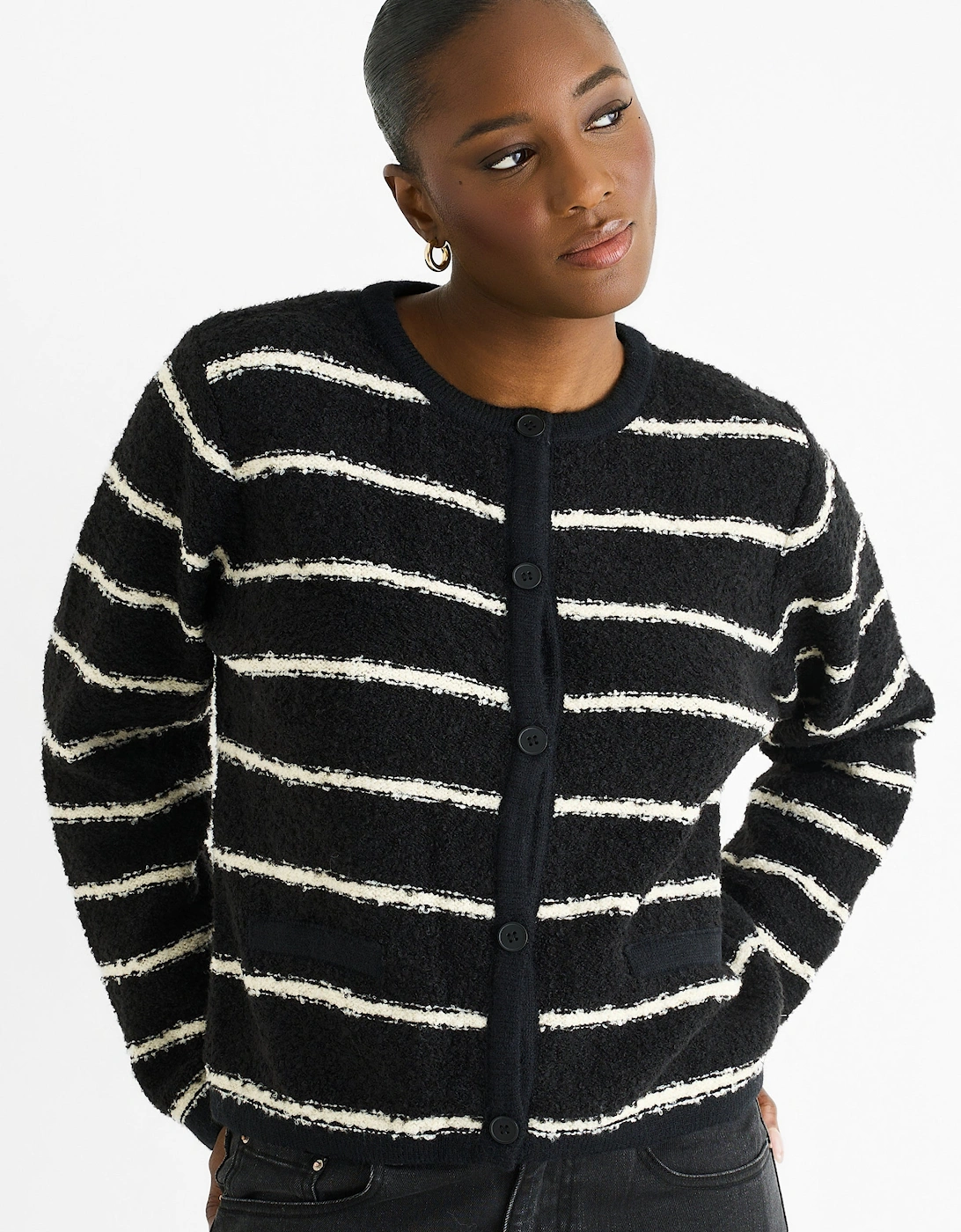 Gini London Women's Black Stripe Boucle Recycle Knit Cardigan - Size: 10/12