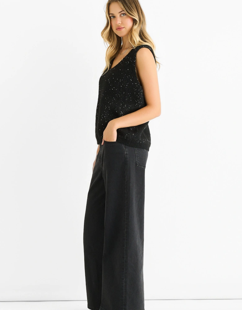 Black Sequin Sparkle V Neck Vest Knit Jumper