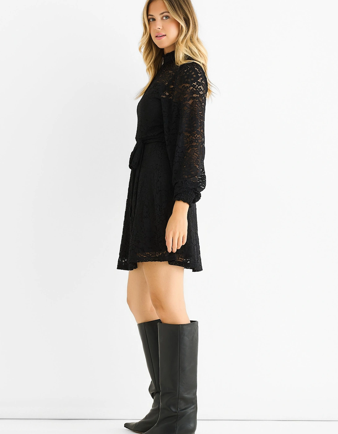 Black Jersey Lace High Neck Mini Skater Dress