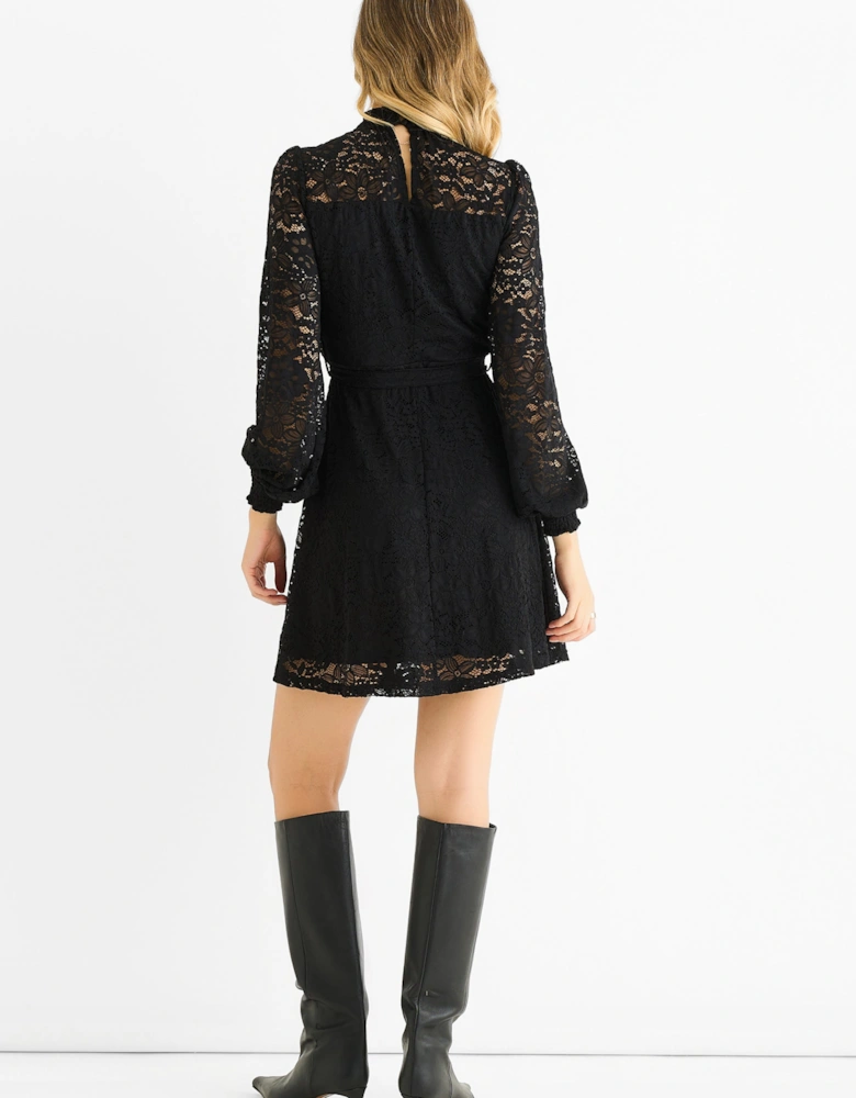 Black Jersey Lace High Neck Mini Skater Dress