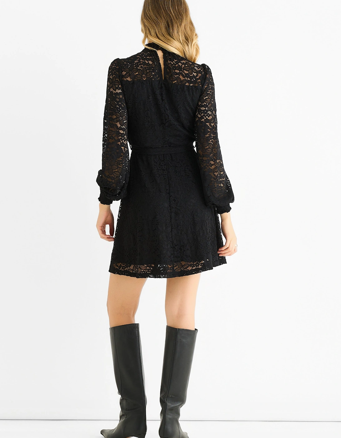 Black Jersey Lace High Neck Mini Skater Dress